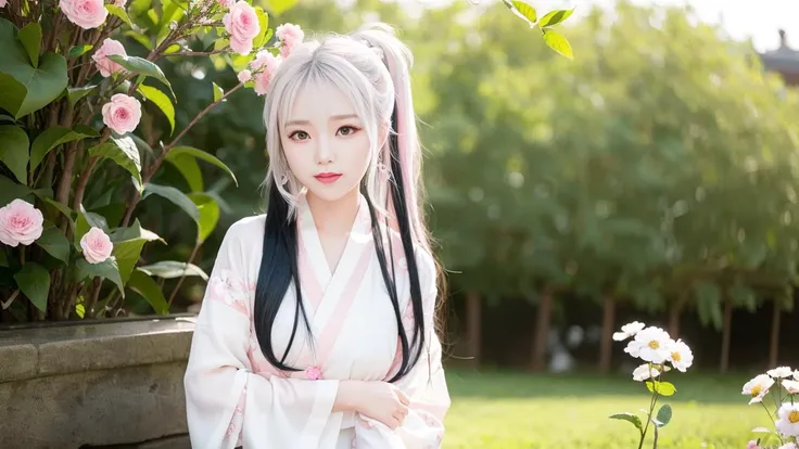 (erotic),<lora:koreanDollLikeness_v10:0.4>,delicate, best quality,8k, cute pose,ultra high res, (photorealistic), 1girl, BREAK (perfect face),(a beautiful 16 age years old cute Korean girl:1.3),cute, sexy,(korean celebrity, korean beauty, kpop idol, korean mixed:1.2),business attire,white lace,beautiful scenery,(flower field),(aegyo sal:1),(light pink hair:1.4), full body,(streaked white hair:1.5), ((puffy eyes)),(one_eye_closed:1.3),(smile:1.3),(light eyebrow),(bare face:0.6),((Avatar)), wallpaper, (bangs:1.2),(beautiful eyes:1.4).((kimono)),ulzzang-6500-v1.1:0.6,((ponytail)),(expressionless eyes:1.4),((happy:1.3)), ((beautiful detailed eyes)), (blush), (seductive:1.2),((slim girl)),(soft light),ulzzang-6500-v1.1:0.6, <lora:hanfu_v29:0.5>