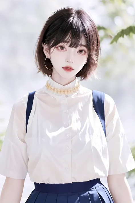 (masterpiece:1.0),(best quality:1.0),(ultra highres:1.0),(8k resolution:1.0),(ultra realistic:1.0),(ultra details:1.0),(sharp focus:1.0),(RAW photo:1.0),dynamic angle,(film grain:1.2),professional lighting,photon mapping,radiosity,physically-based rendering,
1girl,(dynamic pose:1.0),detailed beautiflul skin,smile,solo,(Kpop idol:1.1),absurdres,[:(detailed beautiflul face:1.2):0.2],makeup,PureErosFace_v1,(parted lips:1.1),red lipstick,tall figure,golden proportions,wide shoulders,(huge breasts:1.1),(cleavage:1.1),detailed skin-texture,thigh gap,detailed hair,random hair style,finely detailed beautiful eyes,(aegyo sal,puffy eyes,eyelashes:1.0),glistening skin,portrait photo,
(short sleeves shirt:1.1),(uniform:1.1),(pantyhose:1.1),(pleated skirt:1.1),(high heels),ear rings,(necklace:1.0),futuristic,studio,white background,looking at viewer,(upper body shot:1.2),
fashi-g,