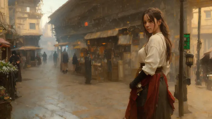 (extremely detailed CG unity 8k wallpaper), looking at viewer, face shot of a beautiful woman, endearing look, attractive, most beautiful artwork in the world, medieval street, people walking, sunny day, sun, radiant light, light, shopping, everyday life, shops, trading, professional majestic oil painting by Ed Blinkey, Atey Ghailan, Studio Ghibli, by Jeremy Mann, Greg Manchess, Antonio Moro, trending on ArtStation, trending on CGSociety, Intricate, High Detail, Sharp focus, dramatic, photorealistic painting art by midjourney and greg rutkowski