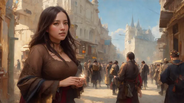 (extremely detailed CG unity 8k wallpaper), looking at viewer, face shot of a beautiful woman, endearing look, attractive, most beautiful artwork in the world, medieval street, people walking, sunny day, sun, radiant light, light, shopping, everyday life, shops, trading, professional majestic oil painting by Ed Blinkey, Atey Ghailan, Studio Ghibli, by Jeremy Mann, Greg Manchess, Antonio Moro, trending on ArtStation, trending on CGSociety, Intricate, High Detail, Sharp focus, dramatic, photorealistic painting art by midjourney and greg rutkowski