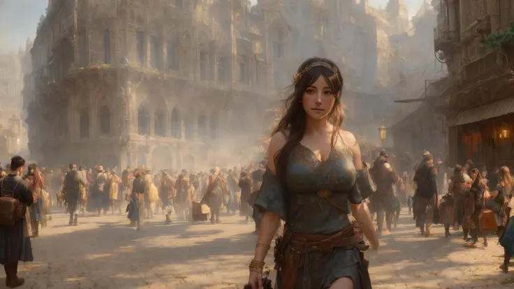 (extremely detailed CG unity 8k wallpaper), looking at viewer, face shot of a beautiful woman, endearing look, attractive, most beautiful artwork in the world, medieval street, people walking, sunny day, sun, radiant light, light, shopping, everyday life, shops, trading, professional majestic oil painting by Ed Blinkey, Atey Ghailan, Studio Ghibli, by Jeremy Mann, Greg Manchess, Antonio Moro, trending on ArtStation, trending on CGSociety, Intricate, High Detail, Sharp focus, dramatic, photorealistic painting art by midjourney and greg rutkowski