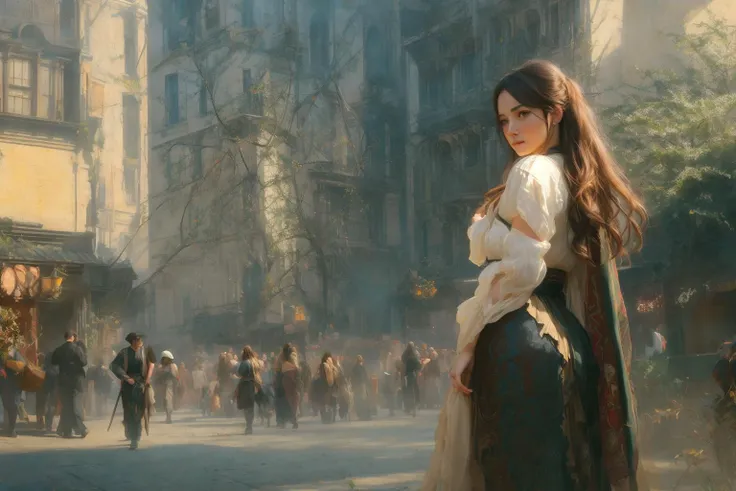 (extremely detailed CG unity 8k wallpaper), looking at viewer, face shot of a beautiful woman, endearing look, attractive, most beautiful artwork in the world, medieval street, people walking, sunny day, sun, radiant light, light, shopping, everyday life, shops, trading, professional majestic oil painting by Ed Blinkey, Atey Ghailan, Studio Ghibli, by Jeremy Mann, Greg Manchess, Antonio Moro, trending on ArtStation, trending on CGSociety, Intricate, High Detail, Sharp focus, dramatic, photorealistic painting art by midjourney and greg rutkowski