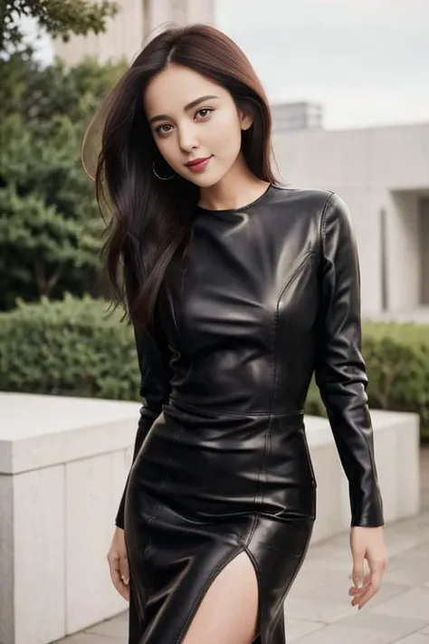 masterpiece, best quality,1girl, solo,looking_at_viewer,cinematic lighting, floating hair,adjusting hair, (wide hips:0.7), thick thighs,skinny, outdoors, high heels, standing, smiling, leather dress,
,<lora:guninazha:0.6>,guninazha,