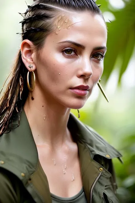 raw photo, portrait of (emaciated:1.3) female jungle commando (Charlize Theron), , (sideshaved:1.35), , (earrings, spikes, , :1.2), (wet:1.2), (U.S. military gear:1.3) dark, gritty, gloomy, militaristic, (looking_at_viewer:1.3), solo, rainy, lust, (pained expression:1.1), (about to sneeze:1.2), (grimace:1.0), (pleasure face:1.0), ,  dramatic lightning, (jungle background:1.2), , highly detailed, masterpiece, best quality, 8k, (realistic skin, cell-shaded:1.3), sharp_focus, SFW, 
(high detailed skin:1.2), 8k uhd, dslr, soft lighting, high quality, film grain, Fujifilm XT3