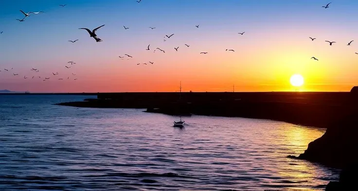((masterpiece)), (realistic), (sunset:1.2), (seascape:1.2), (colorful sky), (seagulls:1.1), (beach:1.1), (waves:1.1), (rocks:1.1), (boats:1.1), (reflection:1.2), (silhouette:1.2), (harbor:1.2), (peaceful:1.1), (serene:1.1), (tranquil:1.1), (calming:1.1), (harmonious:1.2),
The sun was setting over the horizon, painting the sky in a breathtaking array of colors. Shades of pink, orange, and yellow blended together to create a vibrant and colorful sky. Seagulls flew gracefully overhead, their wings casting shadows on the calm waters below. The beach was a peaceful and serene place, with waves gently lapping at the shore. Smooth rocks scattered along the coastline, providing a perfect spot for a quiet moment of reflection. Boats floated in the harbor, their masts creating silhouettes against the colorful sky. The reflection of the sky in the water created a harmonious and tranquil atmosphere. As the sun disappeared below the horizon, the sky turned darker, but the sense of calm remained, leaving a feeling of peacefulness and contentment.