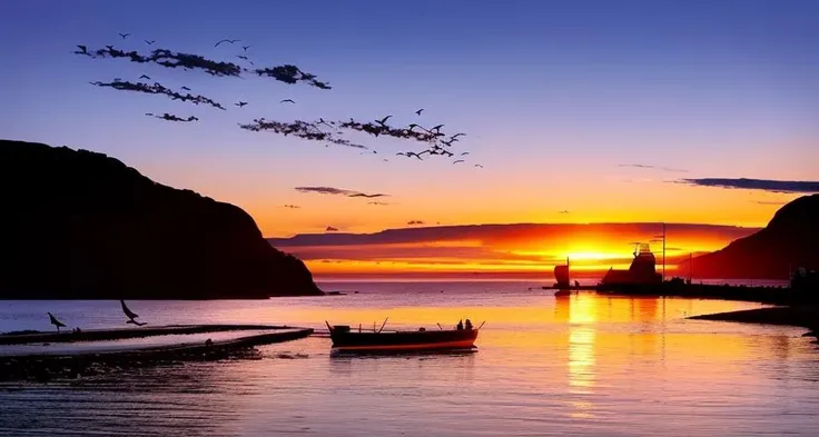 ((masterpiece)), (realistic), (sunset:1.2), (seascape:1.2), (colorful sky), (seagulls:1.1), (beach:1.1), (waves:1.1), (rocks:1.1), (boats:1.1), (reflection:1.2), (silhouette:1.2), (harbor:1.2), (peaceful:1.1), (serene:1.1), (tranquil:1.1), (calming:1.1), (harmonious:1.2),
The sun was setting over the horizon, painting the sky in a breathtaking array of colors. Shades of pink, orange, and yellow blended together to create a vibrant and colorful sky. Seagulls flew gracefully overhead, their wings casting shadows on the calm waters below. The beach was a peaceful and serene place, with waves gently lapping at the shore. Smooth rocks scattered along the coastline, providing a perfect spot for a quiet moment of reflection. Boats floated in the harbor, their masts creating silhouettes against the colorful sky. The reflection of the sky in the water created a harmonious and tranquil atmosphere. As the sun disappeared below the horizon, the sky turned darker, but the sense of calm remained, leaving a feeling of peacefulness and contentment.