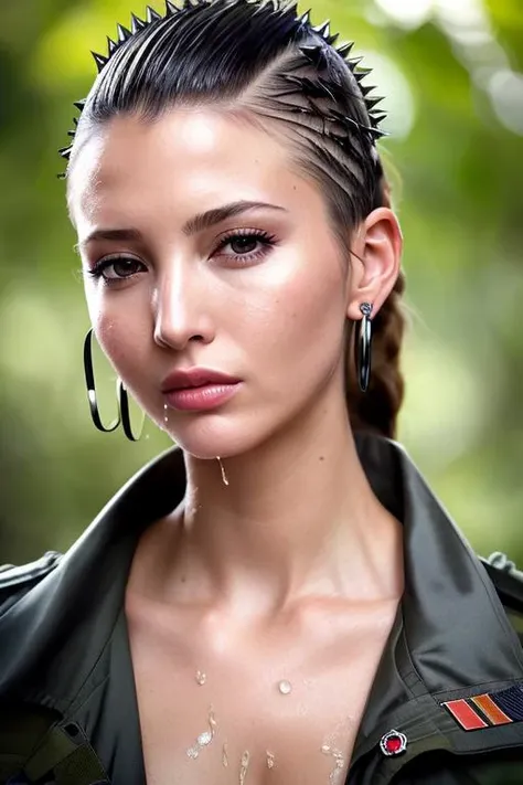 raw photo, portrait of (emaciated:1.3) female jungle commando (Ivanka Trump), , (sideshaved:1.35), , (earrings, spikes, , :1.2), (wet:1.2), (U.S. military gear:1.3) dark, gritty, gloomy, militaristic, (looking_at_viewer:1.3), solo, rainy, , (pained expression:1.1), (about to sneeze:1.2), (grimace:1.0), (pleasure face:1.0), , dramatic lightning, (jungle background:1.2), , highly detailed, masterpiece, best quality, 8k, (realistic skin, cell-shaded:1.3), sharp_focus, SFW,
(high detailed skin:1.2), 8k uhd, dslr, soft lighting, high quality, film grain, Fujifilm XT3