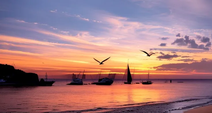 ((masterpiece)), (realistic), (sunset:1.2), (seascape:1.2), (colorful sky), (seagulls:1.1), (beach:1.1), (waves:1.1), (rocks:1.1), (boats:1.1), (reflection:1.2), (silhouette:1.2), (harbor:1.2), (peaceful:1.1), (serene:1.1), (tranquil:1.1), (calming:1.1), (harmonious:1.2),
The sun was setting over the horizon, painting the sky in a breathtaking array of colors. Shades of pink, orange, and yellow blended together to create a vibrant and colorful sky. Seagulls flew gracefully overhead, their wings casting shadows on the calm waters below. The beach was a peaceful and serene place, with waves gently lapping at the shore. Smooth rocks scattered along the coastline, providing a perfect spot for a quiet moment of reflection. Boats floated in the harbor, their masts creating silhouettes against the colorful sky. The reflection of the sky in the water created a harmonious and tranquil atmosphere. As the sun disappeared below the horizon, the sky turned darker, but the sense of calm remained, leaving a feeling of peacefulness and contentment.
