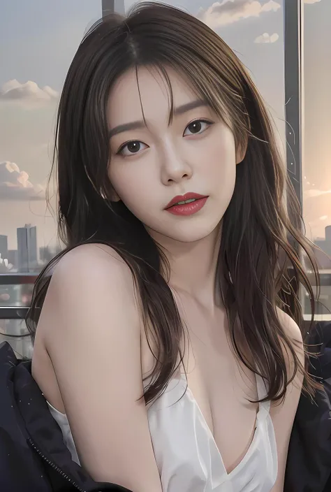 masterpiece, best quality,8k,1girl, beautiful detailed light,beautiful detailed shadow,((beautiful detailed cloud)),road,skyscraper,dynamic angle,sunset,white bra top,
