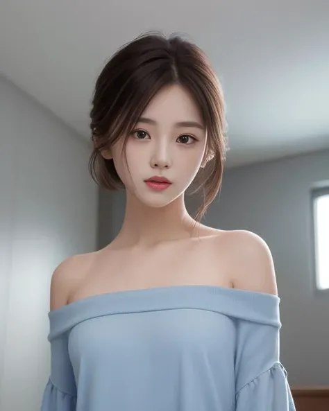 blue off shoulder, best quality, official art, short hair, extremely detailed CG unity 8k wallpaper, ultra high res, ultra detailed, realistic, (photorealistic:1.4), 1girl, from below, solo,(pureerosface_v1:0.3) <lora:Nvshen_v1:0.7> <lora:shojovibe_v11:0.3>