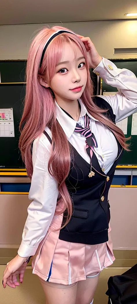 1girl, (school uniform:1.7), (masterpiece), (realistic, photorealistic:1.8), best quality, RAW Photo, 8k, high res,  <lora:koreandolllikenessV20_v20:1>, (indoor:1.2), doggystyle, on a table, (pink hair), full body, pervert, butt, thin, huge breasts, (show panties)