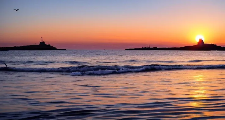 ((masterpiece)), (realistic), (sunset:1.2), (seascape:1.2), (colorful sky), (seagulls:1.1), (beach:1.1), (waves:1.1), (rocks:1.1), (boats:1.1), (reflection:1.2), (silhouette:1.2), (harbor:1.2), (peaceful:1.1), (serene:1.1), (tranquil:1.1), (calming:1.1), (harmonious:1.2),
The sun was setting over the horizon, painting the sky in a breathtaking array of colors. Shades of pink, orange, and yellow blended together to create a vibrant and colorful sky. Seagulls flew gracefully overhead, their wings casting shadows on the calm waters below. The beach was a peaceful and serene place, with waves gently lapping at the shore. Smooth rocks scattered along the coastline, providing a perfect spot for a quiet moment of reflection. Boats floated in the harbor, their masts creating silhouettes against the colorful sky. The reflection of the sky in the water created a harmonious and tranquil atmosphere. As the sun disappeared below the horizon, the sky turned darker, but the sense of calm remained, leaving a feeling of peacefulness and contentment.