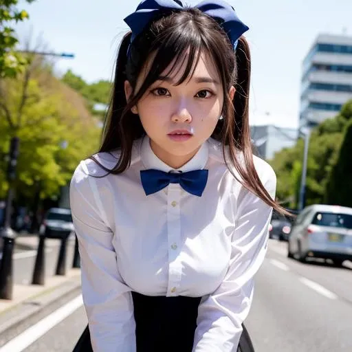 Realistic, Photorealistic, NSFW, solo, solo focus, outdoor, tokyo, street, mesugaki smile, (leaning forward:1.2), cinematic light, (finely detailed face and beautiful eyes:1.2), (masterpiece:1.5), (best quality:1.2), bow, skirt, black bow, kawaii eyes, twintails , thighhighs, bag, black hair, lace, cowboy shot, shirt, black footwear, jirai kei, black skirt, looking at viewer, black bowtie, bangs, long sleeves, bowtie, frills, ribbon, standing, clothing cutout, blue bow, hair ribbon, hair bow, long hair, choker, high-waist skirt , handbag, multicolored hair, white shirt, breasts, collared shirt, frilled shirt, ulzzang-6500