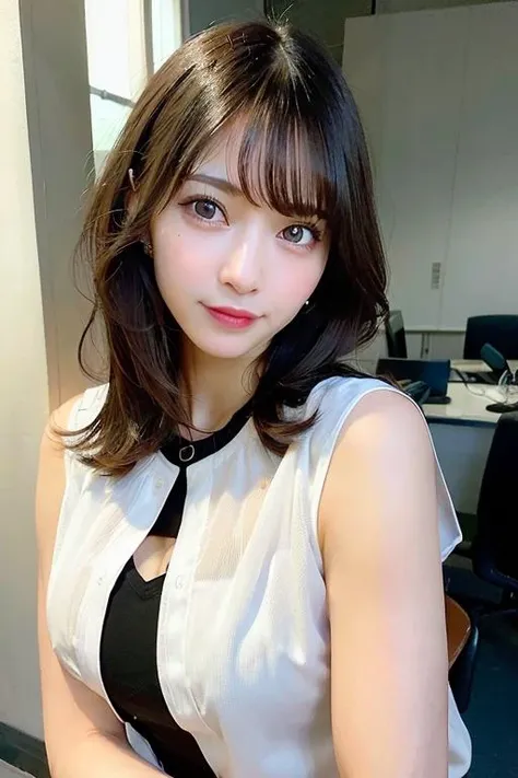 <lora:japaneseDollLikeness_v10:0.66>, (((masterpiece))), (((realistic))), beautiful girl, (((beautiful face))), black_hair, breasts, brown_eyes, (white blouse), ((office lady)), brown_eyes, cleavage, jewelry, large_breasts, lips, long_hair, looking_at_viewer, necklace, ((no_bra)), selfie, shirt, skirt, smile, solo, unbuttoned, upper_body