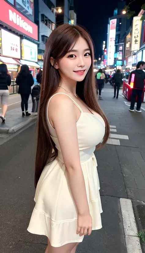 1girl, outdoor, street, (realistic, photorealistic:1.5), best quality, RAW Photo, 4k, nikon camera, 24yo, long hair, brown hair, cute, medium breasts, flower dress, slim, extreme detailed dotonbori street, night, beautiful detailed eyes, detailed nose, beautiful, (ultra high res, masterpiece), full body, <lora:taiwanDollLikeness_v1:0.3>, <lora:koreandolllikenessV20_v20:0.4>, soft focus, big smile, high detailed background