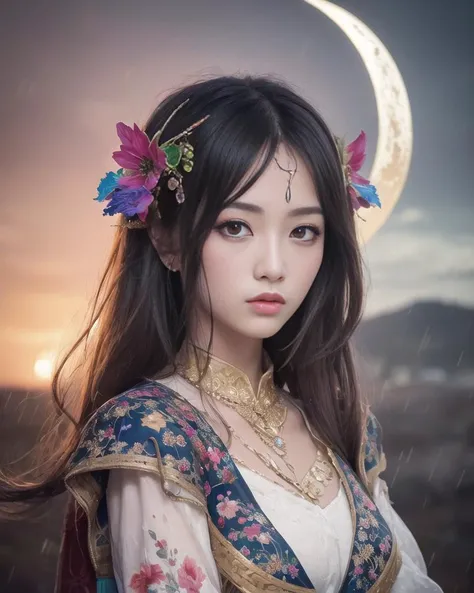 (8k, RAW photo:1.2),best quality, ultra high res,dramatic angle,(fluttered detailed color splashs), (illustration),(((1 girl))),(long hair),(rain:0.9),(hair ornament:1.4),there is an ancient palace beside the girl,chinese clothes,(focus on), color Ink wash painting,(color splashing),colorful splashing,(((colorful))),(sketch:0.8), Masterpiece,best quality, beautifully painted,highly detailed,(denoising:0.6),[splash ink],((ink refraction)), (beautiful detailed sky),moon,highly,detaild,(masterpiece, best quality, extremely detailed CG unity 8k wallpaper,masterpiece, best quality, ultra-detailed),(Lycoris radiata), <lora:lightAndShadow_v10:0.2>