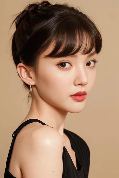 <lora:jinchen:0.6>,jinchen,masterpiece, best quality, (1girl),(solo),(looking_at_viewer),trending on cg society,plasticien,short hair,bangs,brown hair,open mouth,brown eyes,bright pupils,eyeball,upper body,((black t-shirt)),(from_side:1.3),big eyes,black Choker,(look at viewer),(((black background))),simple background,portrait,adolescent,bandaid,small breasts,(European),Three-dimensional facial features,Big nose,blush,lipstick,forehead,(glint),pout,dot nose,blunt bangs,bowl cut,Hair covers ears