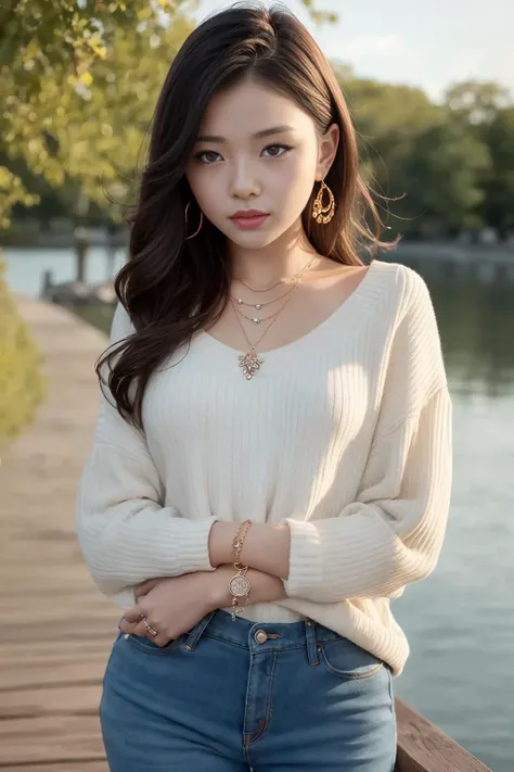 Perfect female body, A young girl was standing by the lake,(hug self),(photorealistic:1.8,ulzzang-6500:1.0)),
sweater,skinny jeans
(earring),(bracelet),(necklace)