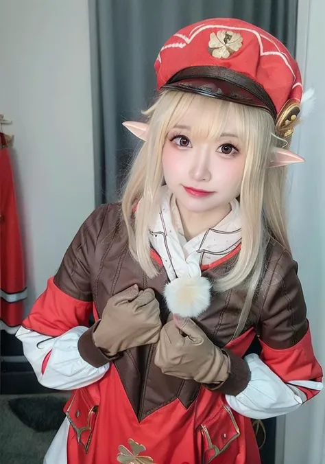 (masterpiece, best quality), (photo realistic:1.55),(ulzzang-6500:0.65),detailed, pointy_ears, hat, blurry_background, solo, blurry, 1girl, blonde_hair, hat_feather, elf, photo_\(medium\), gloves, klee_\(genshin_impact\), backpack, realistic, bag, depth_of_field, red_headwear,mittens,upper body,selfiemirror,(((arm around back))),
