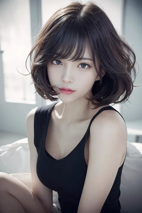 (RAW photo, best quality), (realistic, photo-realistic:1.3), masterpiece, an extremely delicate and beautiful, extremely detailed, CG, unity, 8k, amazing, finely detail, ultra-detailed, highres, absurdres, soft light, (black hair, short hair, curly hair, messy hair, bangs), beautiful detailed girl, detailed fingers, extremely detailed eyes and face, beautiful detailed nose, beautiful detailed eyes, (light on face), looking at viewer, (closed mouth:1.2), 1girl, cute, young, mature face, pale skin, (half body:1.3, sitting), (medium breasts), realistic face, realistic body, beautiful detailed thigh, (ulzzang-6500-v1.1:0.6), <lora:koreanDollLikeness_v15:0.5>, black shirt, <lora:kaomingStyleLora_kaomingStyleV1:0.6>, (semi smile:1.3),