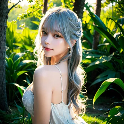 <lora:koreanDollLikeness_v10:0.7>,best quality,  look at the camera from the back, long hair bangs curly two side braids loose towards the front, (white grey brown 3-color streaked hair ),ultra high res, (photorealistic:1.4), 1lovelygirl, small girl, (young), nsfw, dresses,(Kpop idol), (aegyo sal:1), (huge breasts),smiling, cute, full body, (no hands:1), forest background, nature, peaceful neighborhood, sunlight,lolita