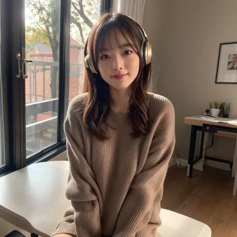 masterpiece,best quality,official art,extremely detailed CG unity 8k wallpaper,1girl, solo, sitting, ultra high res, (photorealistic:1.4), golden hour lighting, sweater dress,(full body), (idol), (aegyo sal:1), smiling, [ash blonde | ginger | brown gray hair], ((puffy eyes)), looking at viewer, medium breasts, bedroom, desk, window, trees, sunlight, headphones, <lora:japaneseDollLikeness_v10:0.3>, (mix4:0.3), <lora:cuteGirlMix4_v10:0.3>