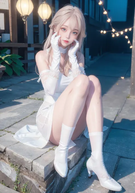 (full_body:1.4),(long legs),best quality, masterpiece, illustration, an extremely delicate and beautiful, extremely detailed ,CG ,unity ,8k wallpaper, Amazing, finely detail, masterpiece,best quality,official art, extremely detailed CG unity 8k wallpaper, absurdres, incredibly absurdres, huge filesize, ultra-detailed, highres, extremely detailed, beautiful detailed girl,((detailed face,perfect face)), (extremely detailed eyes),(real person,photograph),cute,1girl,18 yo,(white  straight hair),makeup,(light blue shinny contact lens), (light pink eye shadow),(haunting smile),(moist lips),(long legs),middle breasts,narrow waist,(slim),(white_skin),blush, shy,((white dress)), (white elbow gloves:1.4),(earrings),(sitting),(mountain),(lake),beautiful scenery,ulzzang-6500-v1.1:0.2,  pureerosface_v1, <lora:FGMIX_6:1>, <lora:yaeMikoRealistic_yaemikoMixed:0.75:faceL>,<lora:pastelmix-lora:1:NF>
