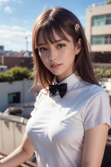 (extremely detailed CG unity 8k wallpaper), (masterpiece), (best quality), (ultra-detailed), (best illustration), (best shadow), ultra-high res, (realistic, photo-realistic:1.2), 1girl, shopping mall rooftop cafe, white opaque shirt with bow tie, puffy eyes, looking at viewer, smile, close-up, <lora:koreanDollLikeness_v10:0.35>,