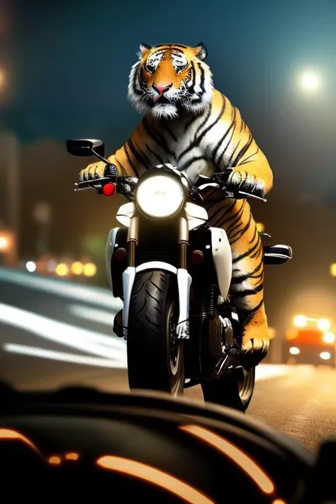 A tiger, driving a motorcycle,cinematic,fine details,8k,dark shot,soft volumetric lights,backlit,intricate details,hdr,ray tracing,fantasy