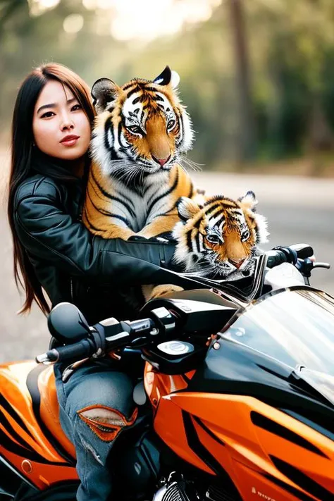 A woman, a tiger. ((A tiger cub rides a motorcycle happily. Take a girl for a ride)),cinematic,fine details,8k,dark shot,soft volumetric lights,backlit,intricate details,hdr,ray tracing,
