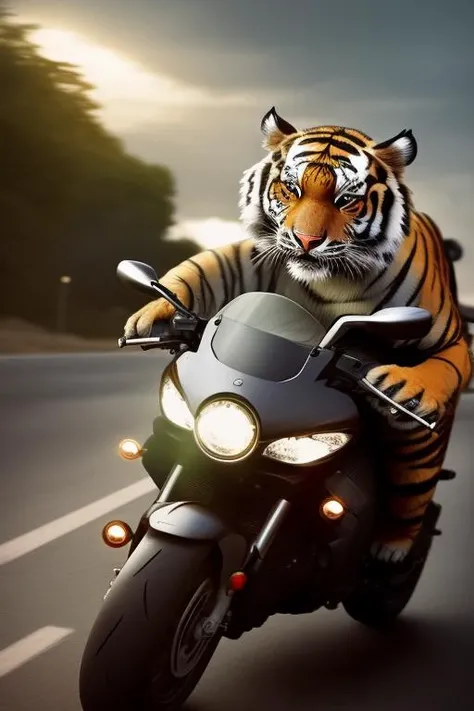 A tiger, driving a motorcycle,cinematic,fine details,8k,dark shot,soft volumetric lights,backlit,intricate details,hdr,ray tracing,fantasy