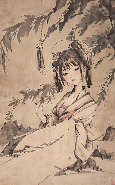 shukezouma, negative space, , shuimobysim , portrait of a woman sitting , willow branches, (masterpiece, best quality:1.2), traditional chinese ink painting, modelshoot style, peaceful, (smile), looking at viewer, wearing long hanfu, hanfu, song, willow tree in background, wuchangshuo, <lora:Moxin_10:0.85> <lora:Moxin_Shukezouma11:0.9>, masterpiece, best quality,