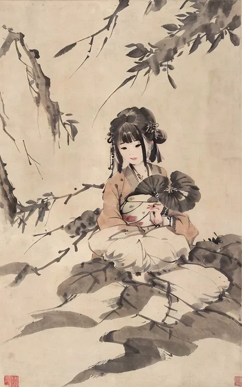 shukezouma, negative space, , shuimobysim , portrait of a woman sitting , willow branches, (masterpiece, best quality:1.2), traditional chinese ink painting, modelshoot style, peaceful, (smile), looking at viewer, wearing long hanfu, hanfu, song, willow tree in background, wuchangshuo, <lora:Moxin_10:0.85> <lora:Moxin_Shukezouma11:0.9>, masterpiece, best quality,