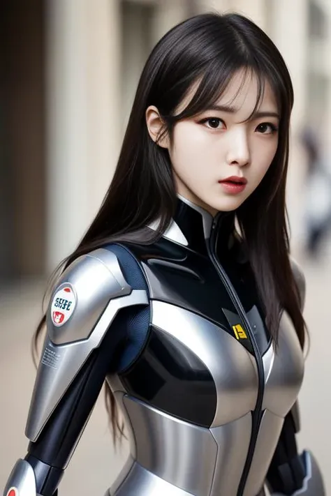 1girl standing on street with mecha suit front a robot, portrait,asian, black hair, solo, long hair,detailed face,best quality,high definition