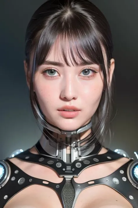 RAW photo,1girl,face close up ,self portrait of a cyborg, robotic parts, 150 mm, beautiful studio soft light, rim light, vibrant details, luxurious cyberpunk, lace, hyperrealistic, anatomical, facial muscles, cable electric wires, microchip, elegant, beautiful background, octane render, H. R. Giger style, 8k, best quality, masterpiece, illustration, an extremely delicate and beautiful, extremely detailed ,CG ,unity ,wallpaper, (realistic, photo-realistic:1.37),Amazing, finely detail, masterpiece,best quality,official art, extremely detailed CG unity 8k wallpaper, absurdres, incredibly absurdres,<lora:momo9-000005:0.8>, robot,silver halmet,standing, half body,