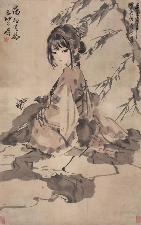 shukezouma, negative space, , shuimobysim , portrait of a woman sitting , willow branches, (masterpiece, best quality:1.2), traditional chinese ink painting, modelshoot style, peaceful, (smile), looking at viewer, wearing long hanfu, hanfu, song, willow tree in background, wuchangshuo, <lora:Moxin_10:0.85> <lora:Moxin_Shukezouma11:0.9>, masterpiece, best quality,
