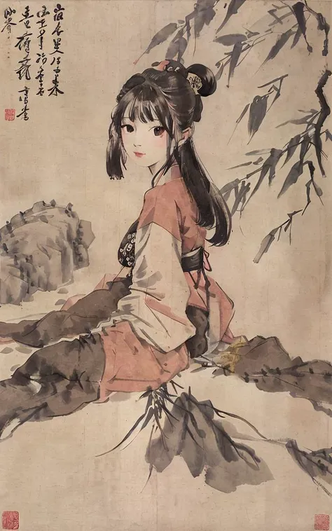 shukezouma, negative space, , shuimobysim , portrait of a woman sitting , willow branches, (masterpiece, best quality:1.2), traditional chinese ink painting, modelshoot style, peaceful, (smile), looking at viewer, wearing long hanfu, hanfu, song, willow tree in background, wuchangshuo, <lora:Moxin_10:0.85> <lora:Moxin_Shukezouma11:0.9>, masterpiece, best quality,
