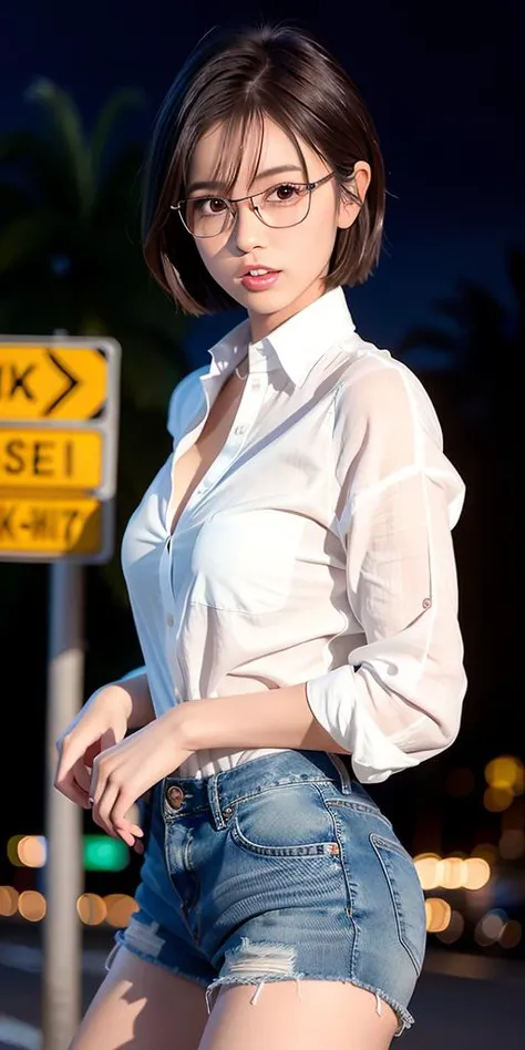 (8k, RAW photo, best quality, masterpiece:1.2),(realistic, photo-realistic:2),1girl, backlit,1girl,extremely beautiful face,(Brown short hair), nightscape, dark brown eyes,random expression, small breast,<lora:XiaoyiClassmate_v10:0.66>, (skiny:1.3),(night street scape), ((Tokyo street)), (nightcity), (traffic lights), rolling eyes, big eyes, (short hair),(full body)<lora:dreamyGirlsFace_dreamyFace:.33>,(full dress shirt,open white:1),( sexy short jeans denim torn, faded), glasses,rubber bracelet,traffic signs, ((look at viewer))