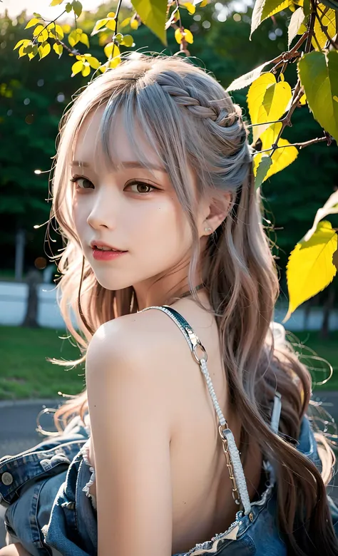 <lora:koreanDollLikeness_v10:0.7>,best quality, long hair bangs curly two side braids loose towards the front, (brown hair color), ultra high res, (photorealistic:1.4), 1lovelygirl, small girl, (young), pink puffy nipples, nsfw, nude,(Kpop idol), (aegyo sal:1), (huge breasts), (denim shorts), smiling, cute, full body, hands together in front, background street, nature, peaceful neighborhood,(full topless:1.2), sunlight,lolita