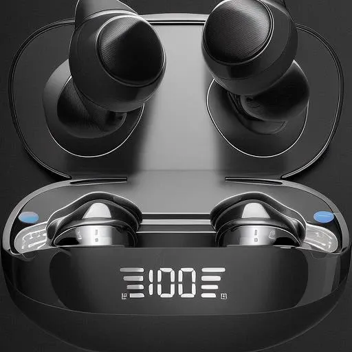 masterpiece, best quality
a pair of black earphones with a digital display in the middle of it's ear