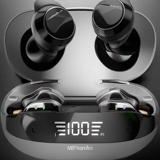 masterpiece, best quality
a pair of black earphones with a digital display in the middle of it's ear