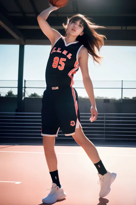 (8k, best quality, masterpiece:1.2), (realistic, photo-realistic:1.37), ultra-detailed,best quality, ultra high res, professional lighting, photon mapping, radiosity, physically-based rendering, cinematic lighting, basketball court,depth of field, sharp focus,sunbeam, good composition,(bokeh:1.2) 1girl,solo,(full body), (closed mouth),beautiful detailed eyes, pose, narrow waist,basketball uniform, black hair,messy hair,long hair floating in wind,(ulzzang-6500:1.2)
big breast