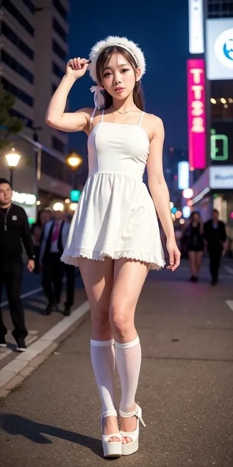 (8k, RAW photo, best quality, masterpiece:1.2), (realistic, photo-realistic:1.37), night, dark
omertosa, 1girl,(Kpop idol), (aegyo sal:1), cute, (white long stocking, dress:1.2)
cityscape, cyberpunk,
outdoor, (professional lighting, photon mapping, radiosity, physically-based rendering:0)
<lora:arknightsTexasThe_v10:0.9> ,<lora:koreanDollLikeness_v10:0.4>