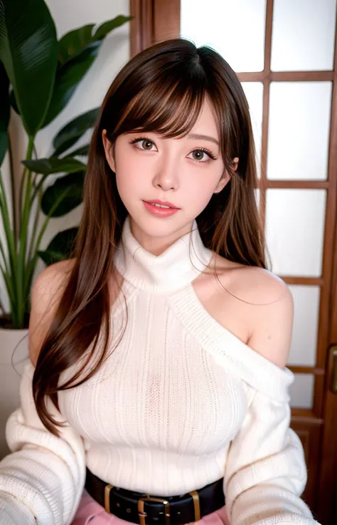 ((((medium hair)))), ((((brown hair)))), best quality, 8K, HDR, highres, absurdres:1.2, blurry background, bokeh:1.2, Photography, (RAW photo:1.2), (photorealistic:1.4), (masterpiece:1.3), (intricate details:1.2), 1girl, solo, japanese girl, delicate, beautiful detailed, (detailed eyes), (detailed facial features), petite, (((medium breasts))), skin tight, (looking_at_viewer), from_front, (skinny), (best quality:1.4), (ultra highres:1.2), cinema light, (extreme detailed illustration), (lipgloss, best quality, ultra highres, depth of field, caustics, Broad lighting, natural shading, 85mm, f/1.4, ISO 200, 1/160s:0.75),1girl, solo, ((smile)), ulzzang-6500-v1.1, upper body, <lora:dreamyGirlsFace_dreamyFace:0.6>, ((((sweater in white, bare shoulder)))), (((pleated skirt in pink))),