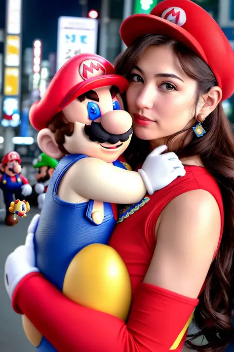 raw photo, portrait of a  (large toy of Mario\(Nintendo\) :1.5) and a woman [Gal Gadot::.5], (woman hugging toy of Mario:1.5), , (dark:1.2), , (gloomy:0.7), ( fine wrinkles, pores, veins),, , ,, (busy Tokyo street:1.3)(full of people:1.3), , 
 , highly detailed, masterpiece, best quality, 8k, (realistic skin, cell-shaded:1.3), sharp_focus, SFW, (high detailed skin:1.2), 8k uhd, dslr, soft lighting, high quality, film grain, Fujifilm XT3,