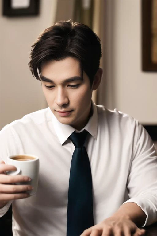 <lora:zhuyllora:0.8>, 1man,
a 30 y.o muscular male wearing long-sleeve white shirt and tie, drinking coffee,
soft lighting,
masterpiece, best quality, 8k uhd, dslr, film grain, Fujifilm XT3 photorealistic painting art by midjourney and greg rutkowski