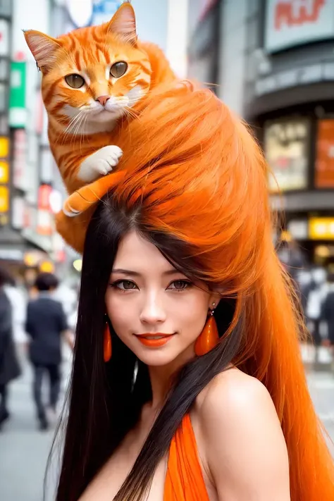 raw photo, portrait of (emaciated:1.3) woman (Amber Heard:.8) with a orange cat on top of her head , , (dark:1.3), , (gloomy:0.9), , (looking_at_viewer:1.2), , (long black hair, :1.2), ( , fine wrinkles, pores, veins),
(hair floating in the wind:1.2), (a orange cat on top of woman's head, (bare_hands), :1.6), (smile:1.3),,, (busy Tokyo shopping street:1.3)(full of people walking:1.4), , large earrings, slutty dress, (from_side:0.5),
, highly detailed, masterpiece, best quality, 8k, (realistic skin, cell-shaded:1.3), sharp_focus, SFW, (high detailed skin:1.2), 8k uhd, dslr, (soft lighting:1.0), high quality, film grain, Fujifilm XT3,