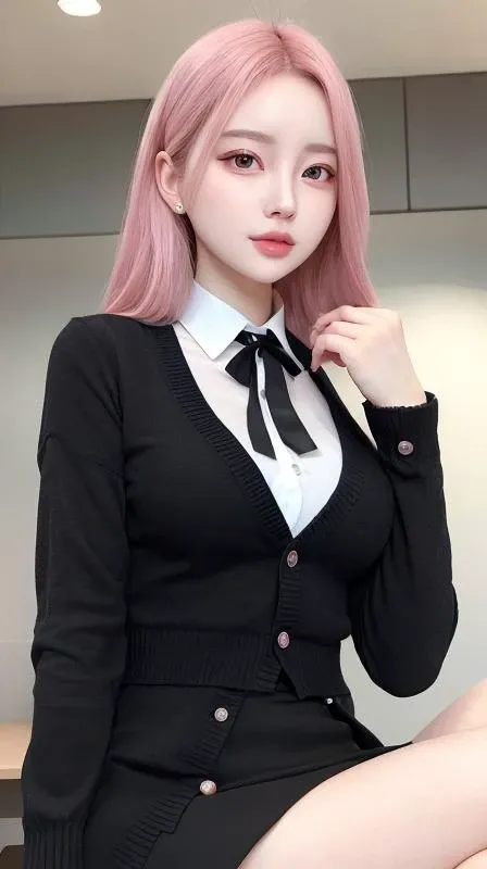 (RAW photo, best quality), (realistic, photo-realistic:1.3), masterpiece, extremely exquisite, extremely detailed, CG, unity, 2k wallpaper, Amazing, fine detail, light smile, extremely CG unity 8k wallpaper, huge file size, super detail, highres, absurdres, Soft Light, (((medium hair:1.3), short bang, pink hair, floating hair novafrogstyle)), beautiful detailed girl, detailed fingers, very detailed eyes and face, beautiful and delicate nose, beautiful and delicate eyes, long eyelashes, light on the face, looking at the audience, (shut up: 1.2), 1girl, lovely, young, mature face, (whole body: 1.3), ((small breast)), Realistic face, realistic body, beautiful and detailed thighs, (ulzzang-6500-v1.1:0.8), <lora:koreanDollLikeness_v15:0.4>, suits, cross-lace clothes, collared shirts, open clothes, in the office, Detailed office, cardigan, black stockings, mini skirt, black underwear, open button shirt,