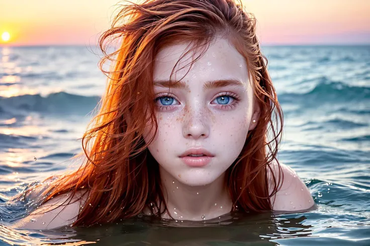 (sharp focus:1.2), photo, (a 18 year old girl), (beautiful detailed face:1.2), detailed eyes, inquisitive eyes, long ginger hair, (freckles), (beautiful skin), in the sea, ((inmersed in water up to her chin)), (wide angle), ((sunset)) , (((((looking at viewer))))), faint smile, clear water,