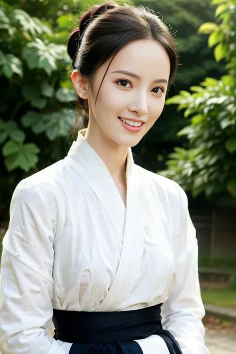 best quality, ultra high res, official wallpaper, (photorealistic:1.4), masterpiece),best quality,good anatomy, shuimobysim,(1 girl:1),(oval face),(upper body),(smile),short hair,(hanfu),(ecchi0.5), (trees:0.5), (flowers:0.6) ,(wooden house:0.2),(bamboo forest:0.2),(creek:0.2),(river:0.2), <lora:jinchen:0.6>, <lora:elegantHanfuRuqun_v10:0.4>